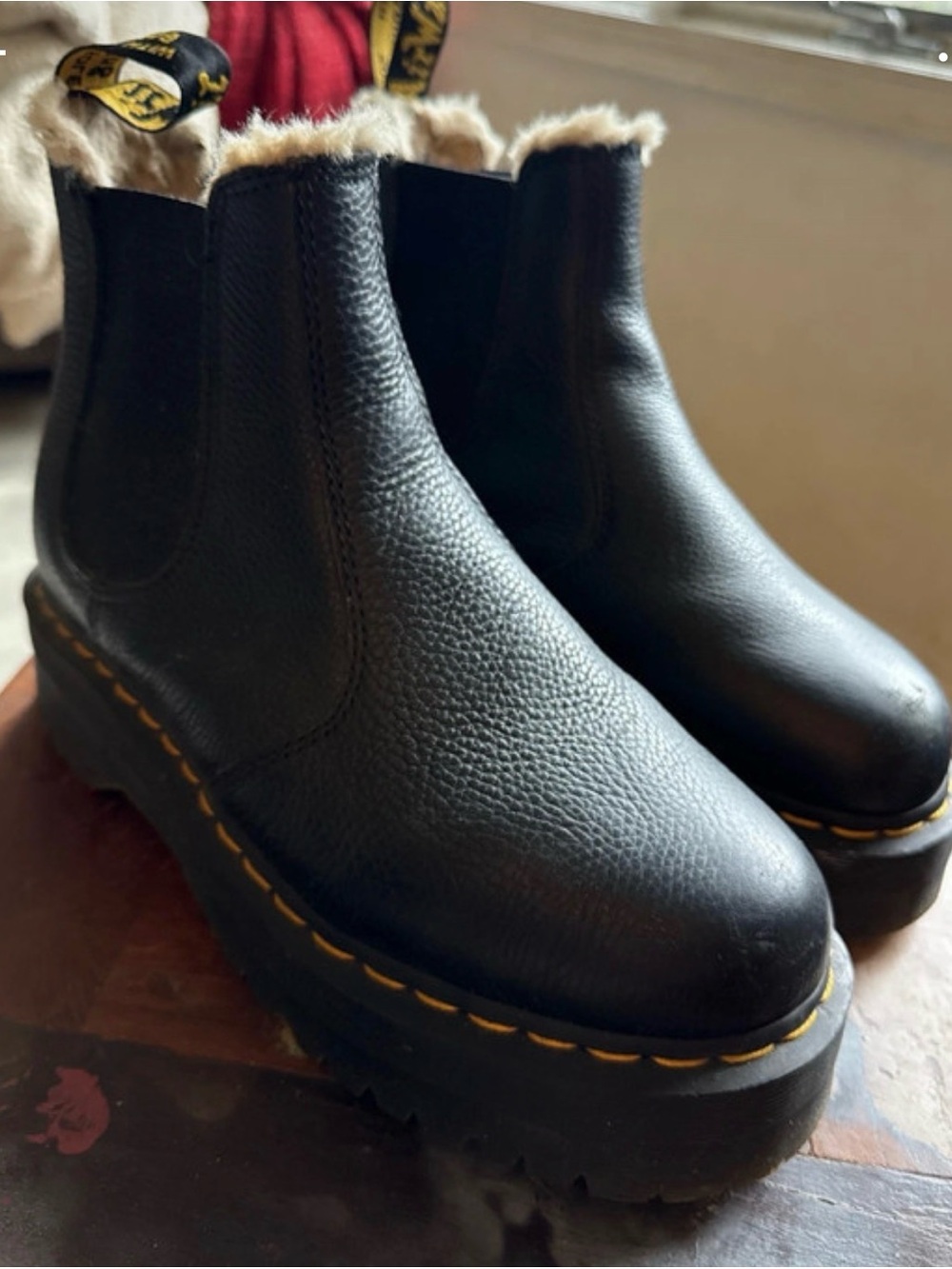 Dr. Martens Black Platform Chelsea Boots with Shearling Collar